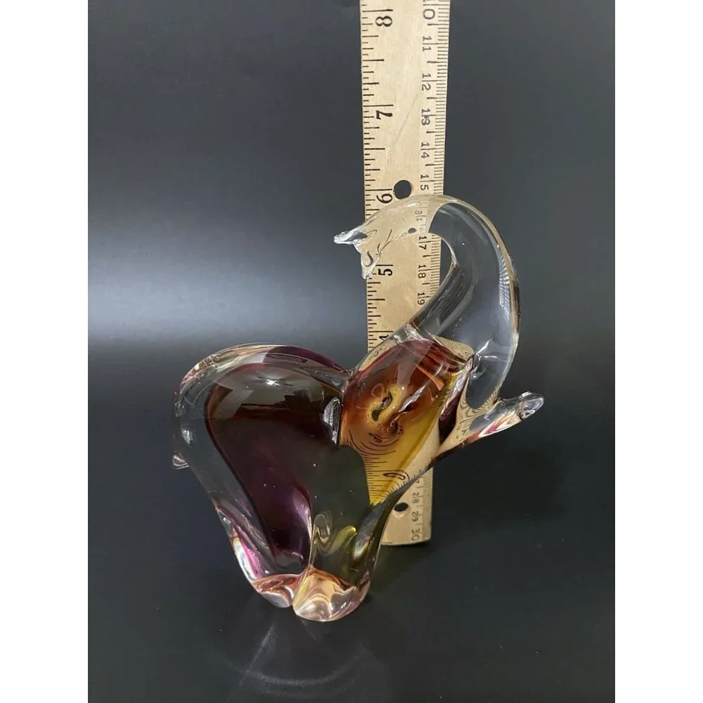 Clear Glass Elephant Figurine Paperweight Purple & Amber Collector 6